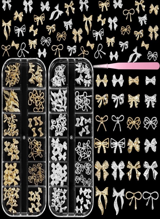 CESUSME 120 Pcs Gold Silver Bow Nail Charms, Alloy Bowknots Nail Charm, Metal Silver Gold Bow Nail Gems and Charms for Nail Art DIY Craft Accessories - Image 1